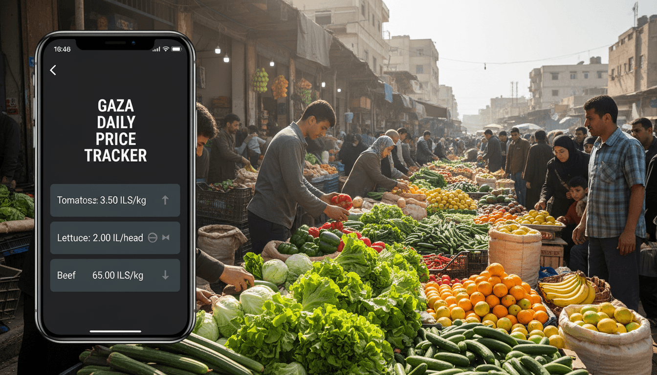 Mobile phone displaying Gaza Daily Price Tracker app with real-time prices, positioned in front of fresh market produce