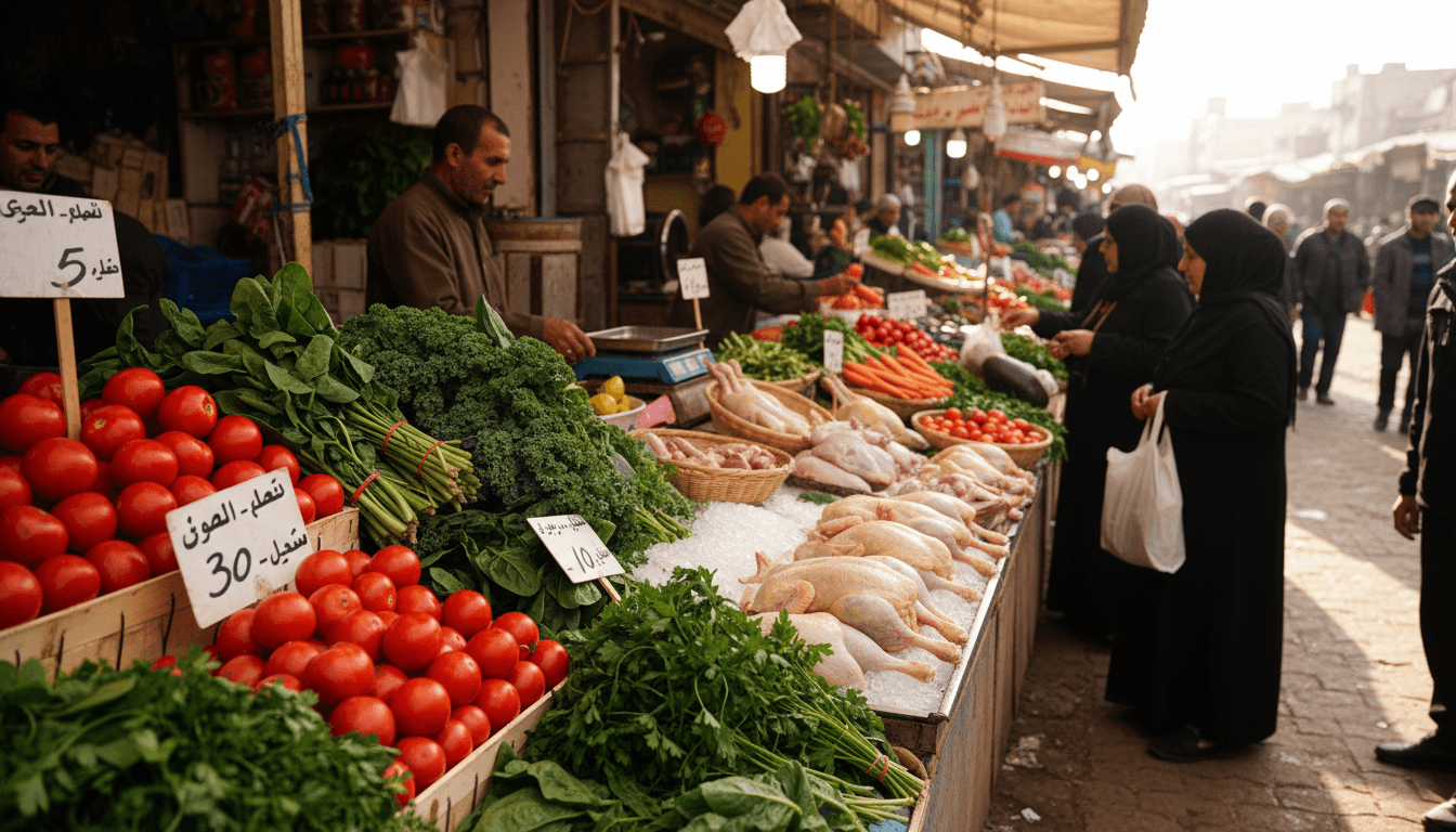 Fresh vegetables and meats at a local Gaza market stall