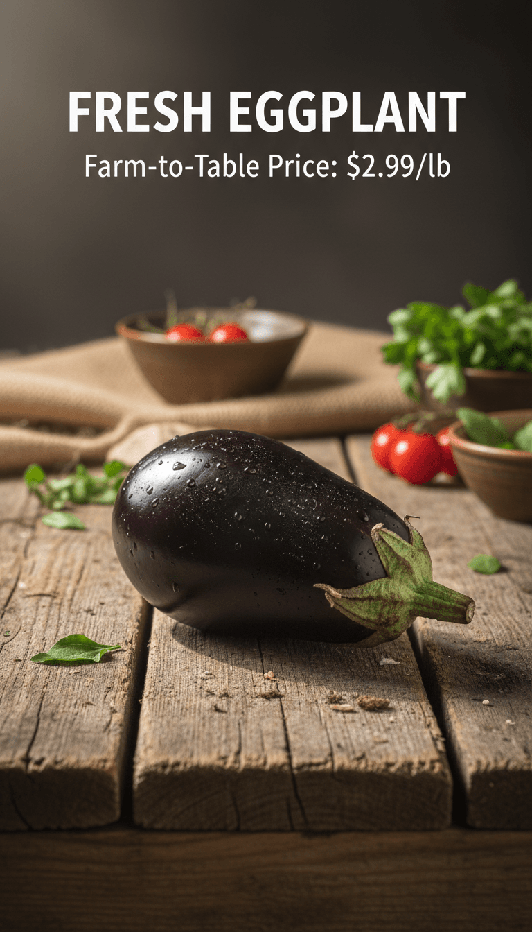 Fresh eggplant on a rustic wooden table, highlighting its rich purple color.