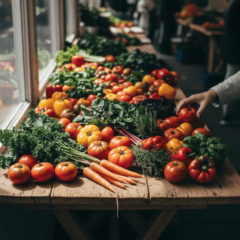 Fresh vegetables and meats on a market surface representing tracked price categories