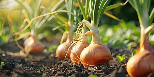 Row of yellow onions with green stalks growing in dark garden soil under warm sunlight.