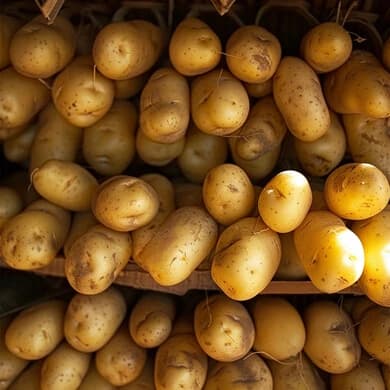 Numerous smooth, light brown potatoes with small spots and thin skins, packed closely together.