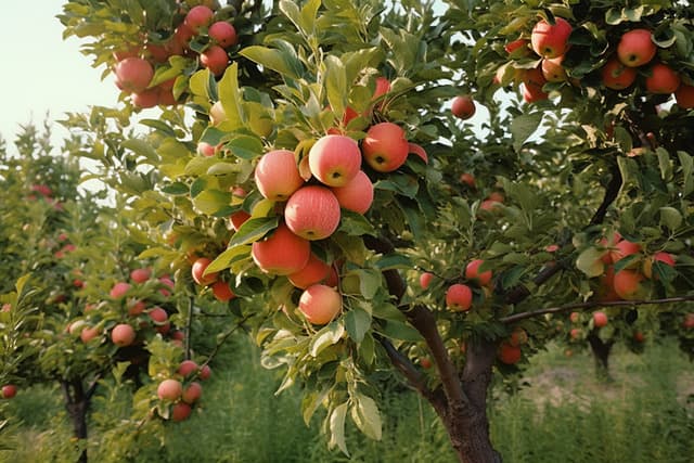 Clusters of ripe red and pink apples hanging from branches in a sunny orchard.