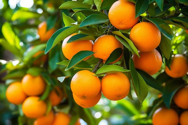 Ripe, bright orange oranges hanging from a tree branch surrounded by lush green leaves.